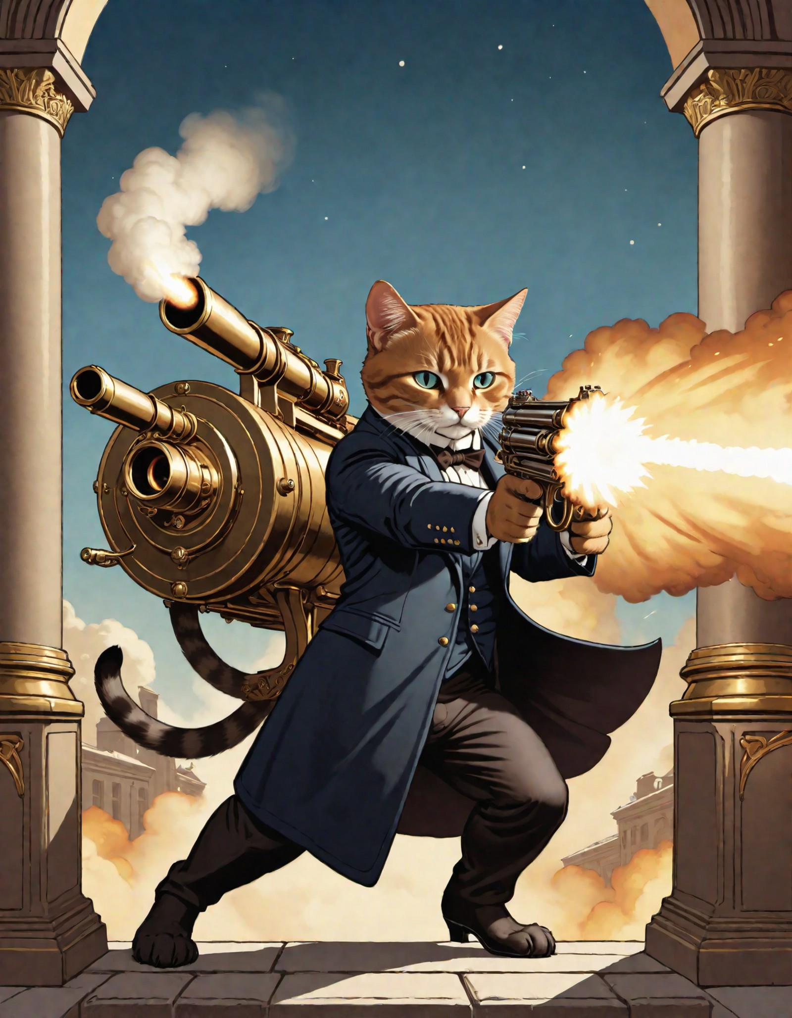 ((Art Nouveau)) picture  an cat mobster male shooting a giant gatling gun, fires towards viewer